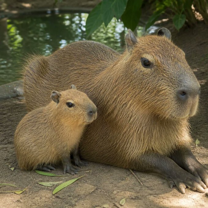 Baby Nong Wan sitting with an adult capybara at the zoo