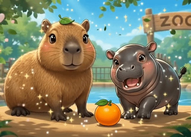 Illustrated Capybara the capybara standing beside Moo Deng the hippo