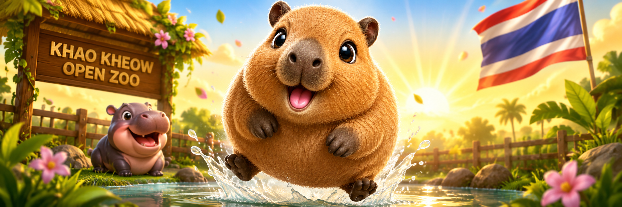 Capybara leaping from the water at Khao Kheow Open Zoo while Moo Deng watches